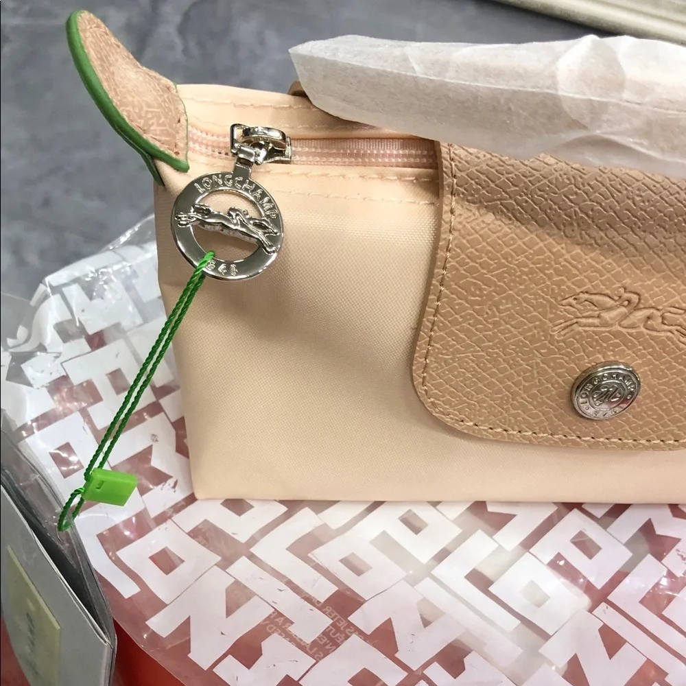 Longchamp Pale Peach Cosmetic Pouch with Tan Flap